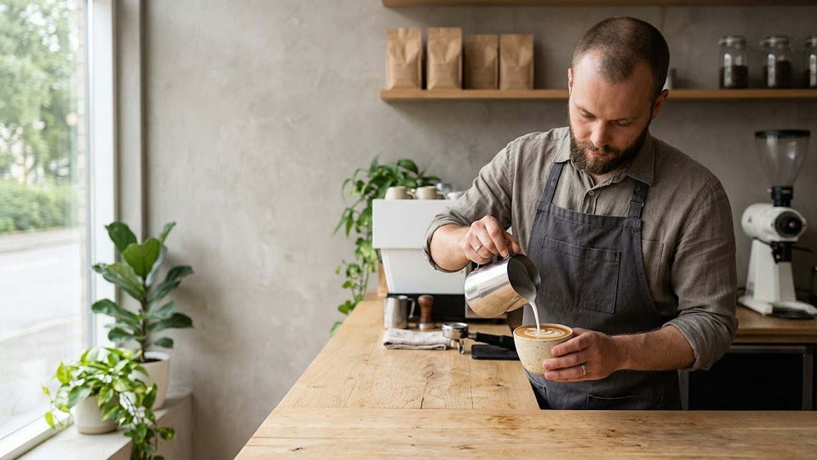 Barista sirviendo arte latte en una taza de cerámica sobre una barra de madera
