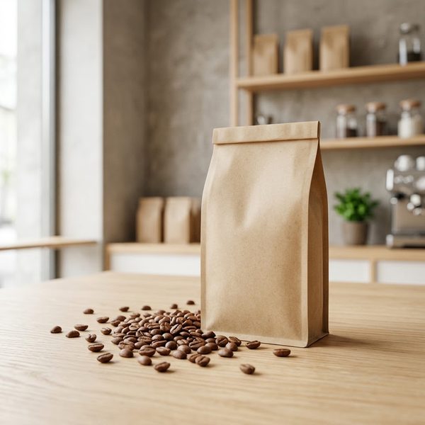 Bolsa kraft de café en grano sobre una mesa de madera