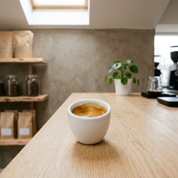 Espresso con crema dorada en taza blanca