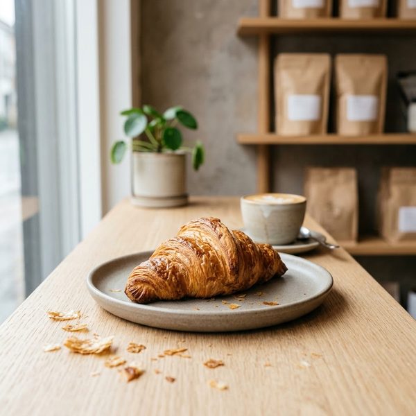Croissant de mantequilla en plato de cerámica