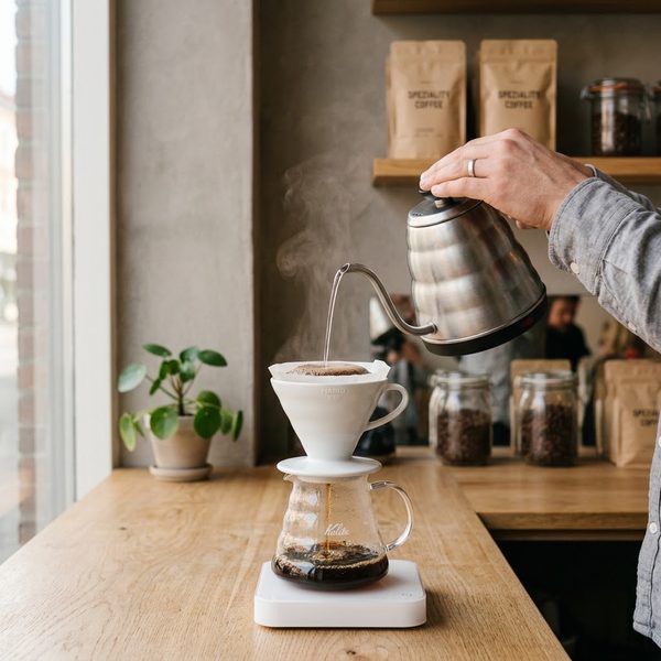 Café filtrado en V60 sobre una báscula