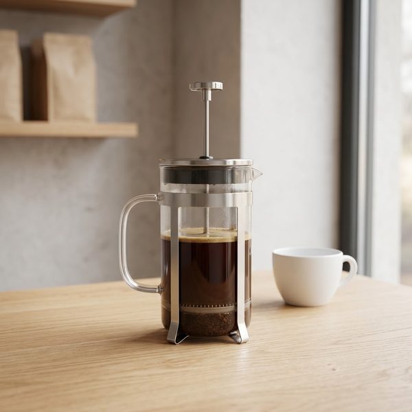 Prensa francesa con café junto a una taza blanca