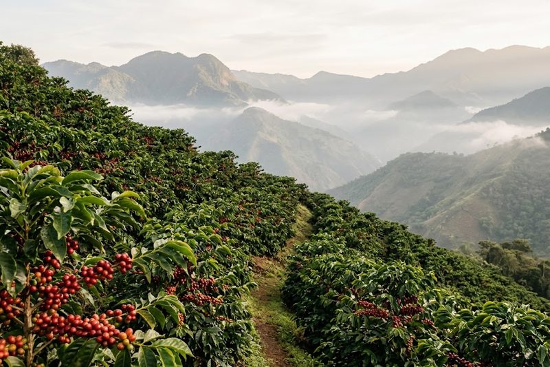 Cafetales con cerezas maduras en una ladera de montaña con neblina