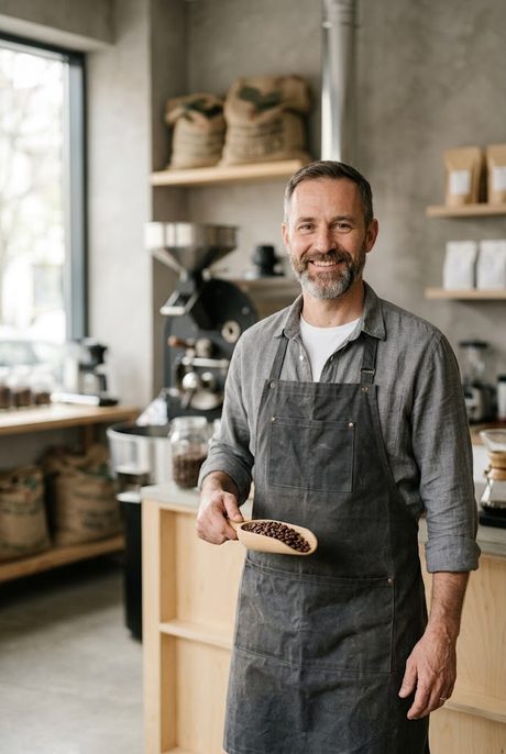 Andrés Keller, maestro tostador, sosteniendo una pala con café tostado